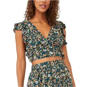 Free People Pretty Daze Floral Ruffle Wrap Crop Top - Large